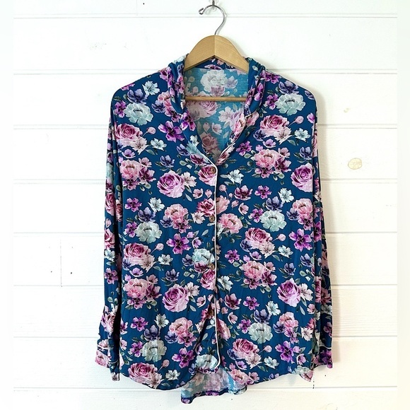 Posh Peanut Luxe Long Sleeve Bamboo Button Down Pajama Top Keisha Blue Floral XL - Picture 1 of 9